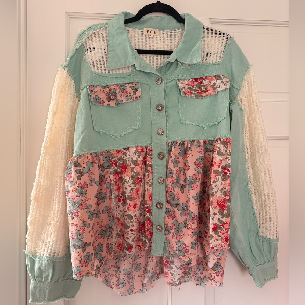 POL Floral Patchwork Button-Up Shirt